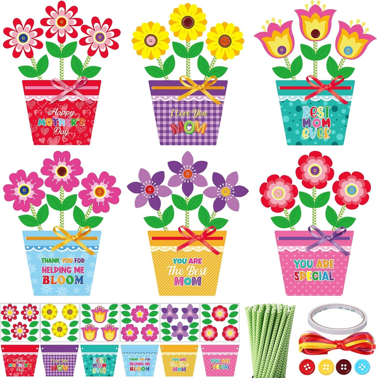 Mother’s Day Card Making Kit for Kids – 24 Sets DIY Flowerpot Greeting Cards with Ribbons, Buttons & Paper Straws, Handmade Classroom & Home Craft Activity Gifts for Mom